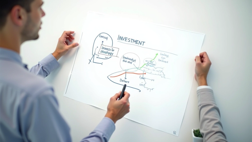 Investeringsstrategi tegnet på whiteboard med pil og tidslinjer