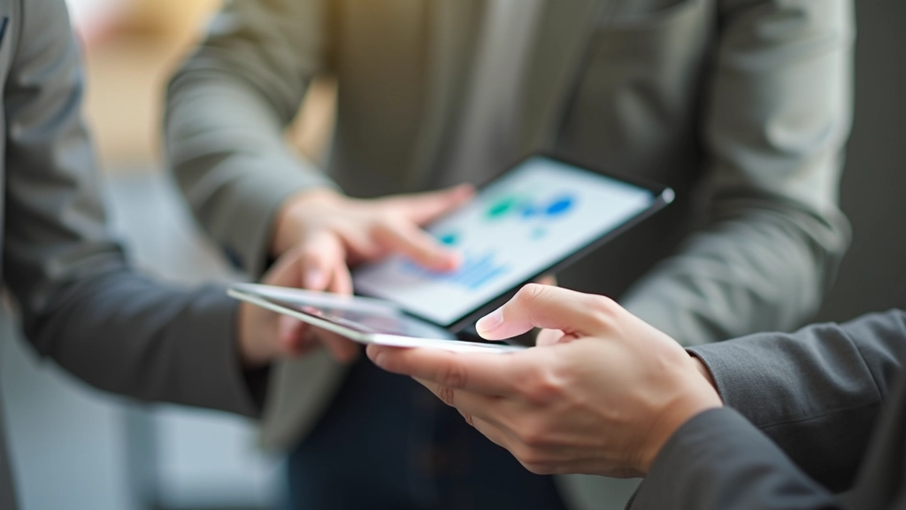 Nærbillede af person der arbejder med tablet og finansielle data på skærm