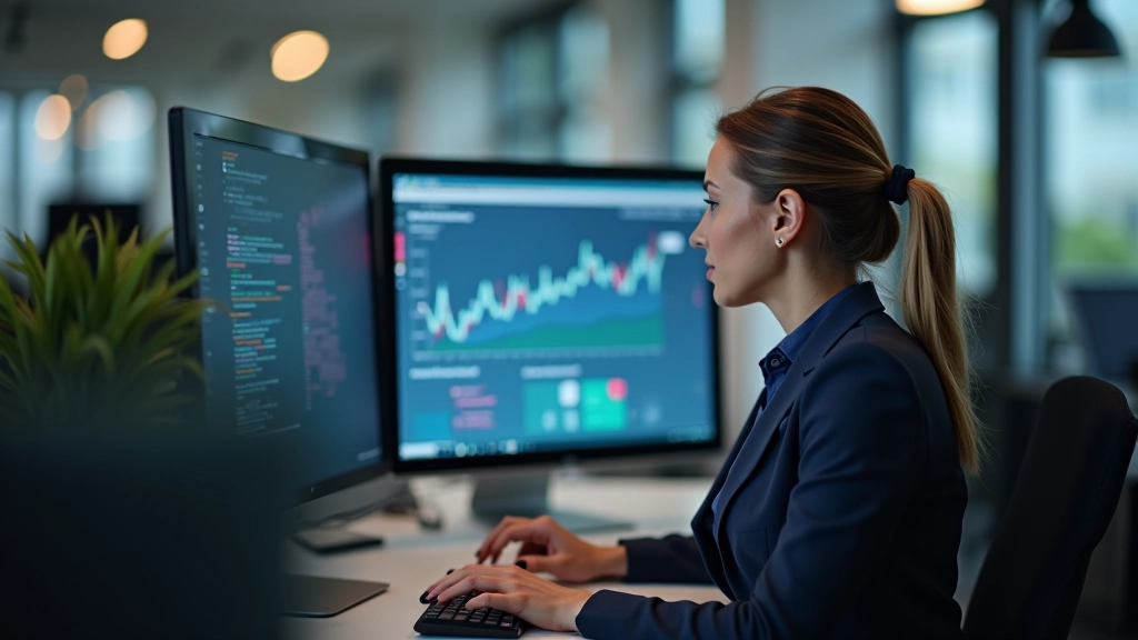 Forretningsperson analyserer risici på computer med grafik