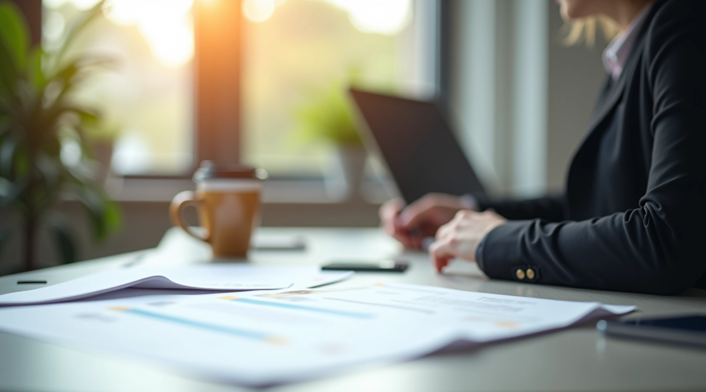Moderne arbejdsplads med computer og finansielle dokumenter på skrivebord